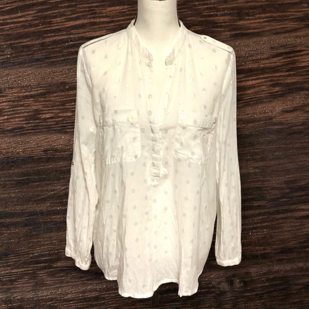 MNG Casual Womens White Long Sleeve Button‎ Up Shirt with Metallic Dots Size XL